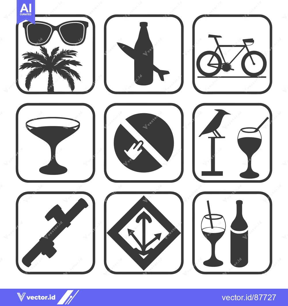 Premium Vector of Nine Black and White Icons of Summer Vacation Activities