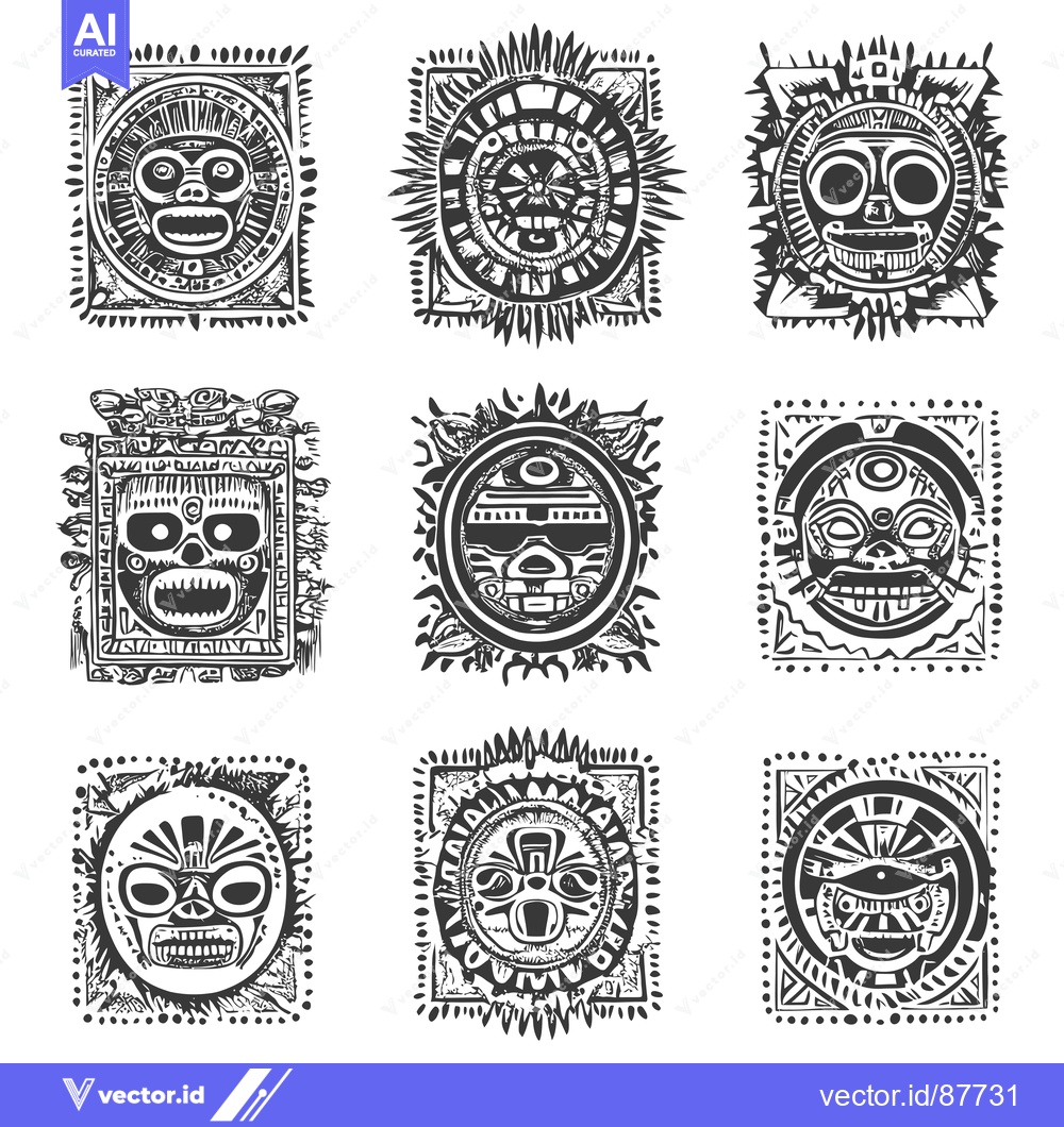 Premium Vector dari Nine Black and White Illustrations of Ancient Aztec Masks