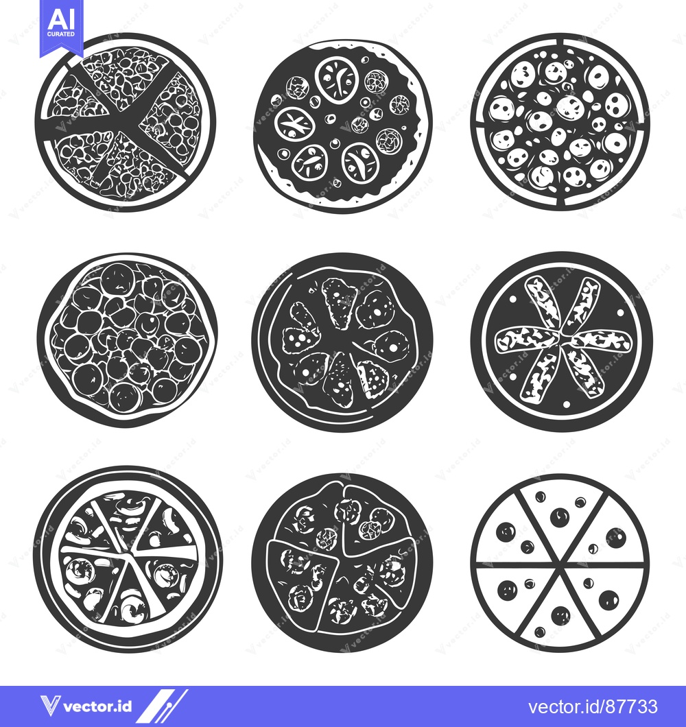 Premium Vector dari Nine Black and White Illustrations of Different Pizza Toppings