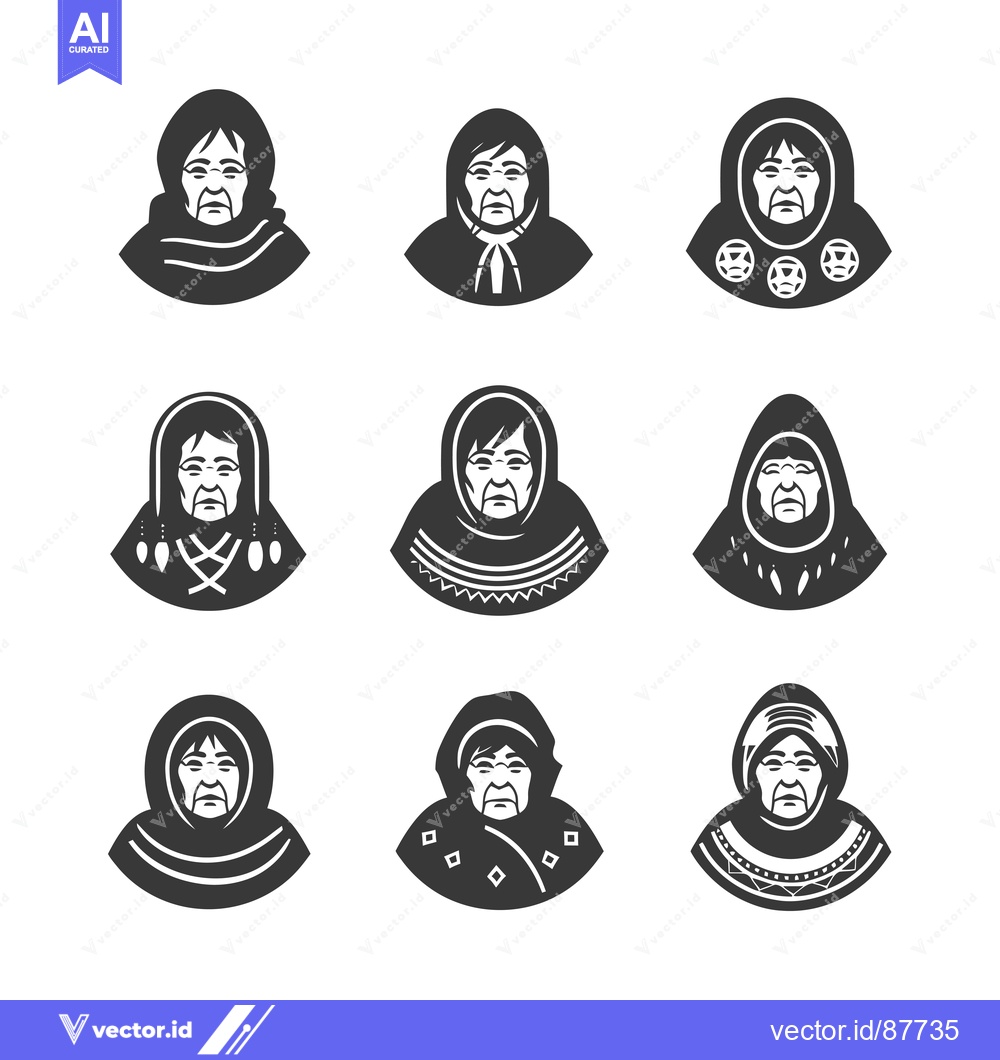 Premium Vector dari Nine Black and White Illustrations of Elderly Women in Traditional Clo