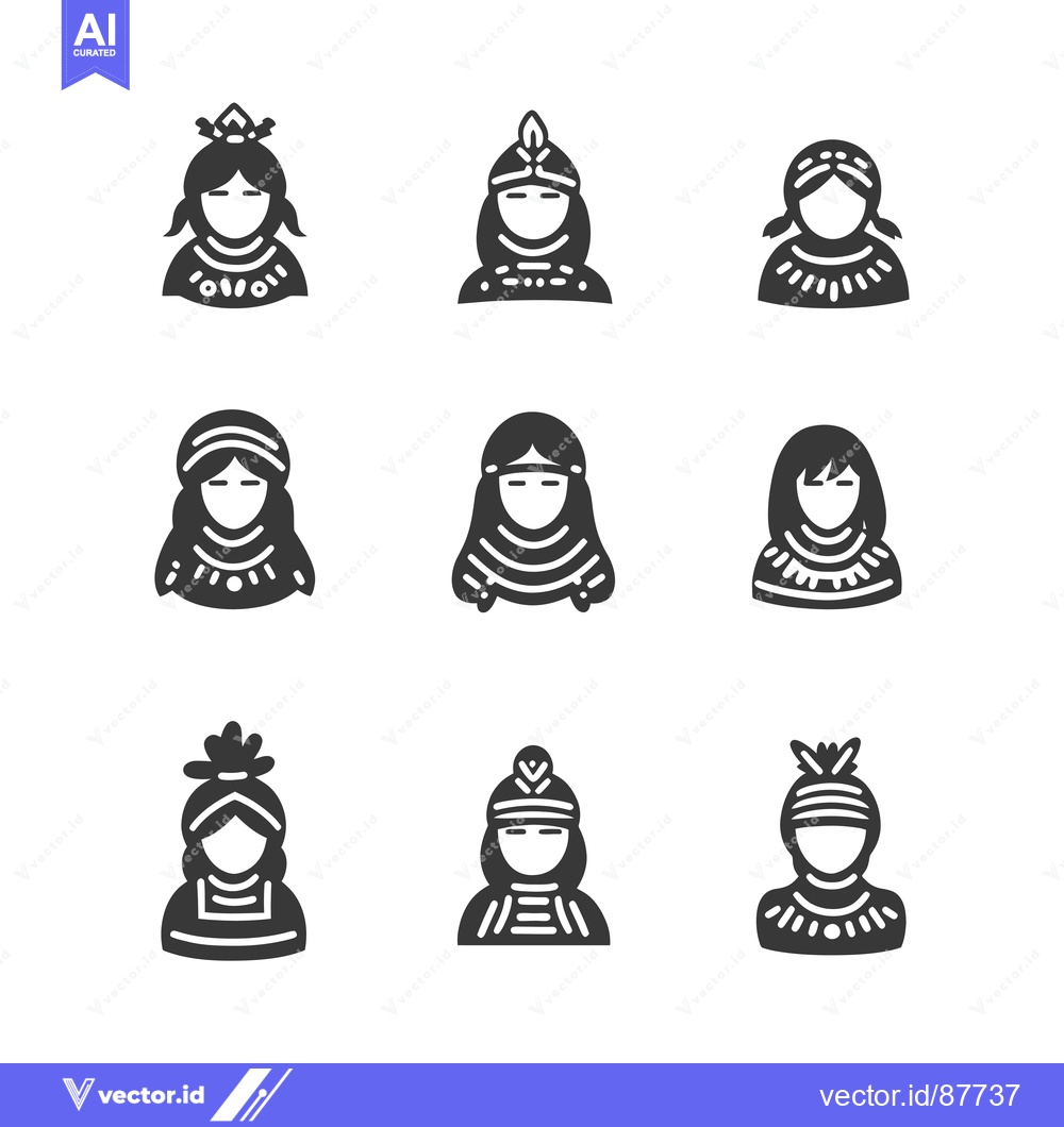 Premium Vector of Nine Black and White Illustrations of Indigenous Women in Traditional