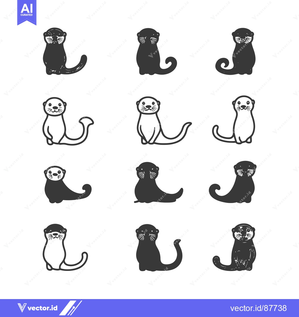 Premium Vector dari Nine black and white illustrations of otters in different poses