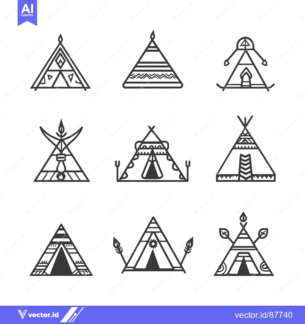 Premium Vector dari Nine Black and White Illustrations of Teepees with Geometric Designs