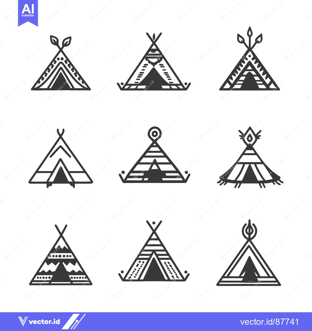 Premium Vector dari Nine Black and White Illustrations of Teepees with Unique Designs