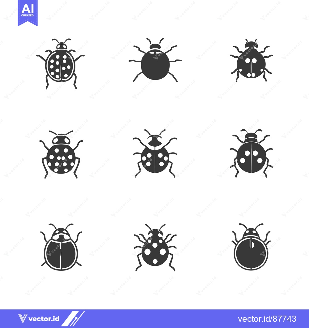 Premium Vector of Nine Black and White Ladybug Icons in Different Poses