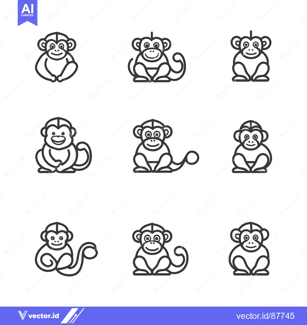 Premium Vector dari Nine Black and White Line Art Illustrations of Monkeys
