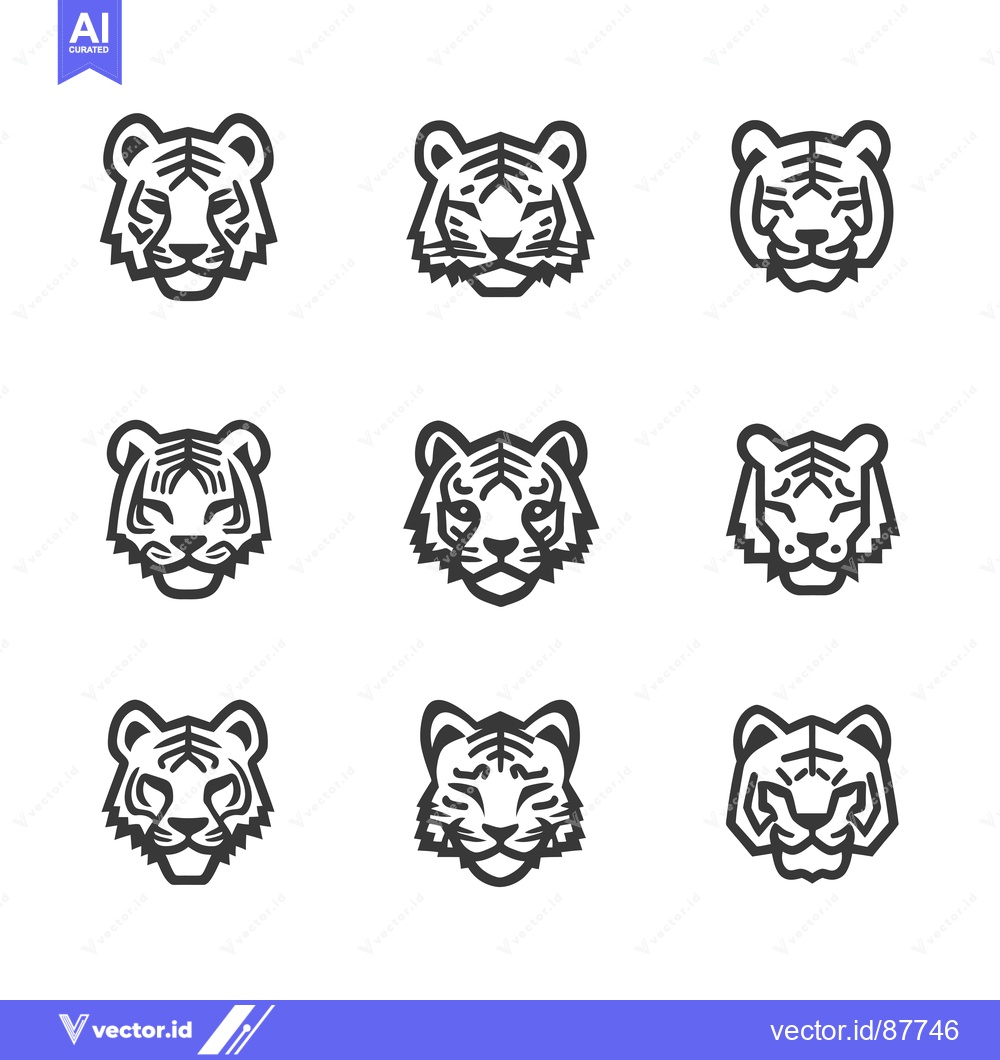 Premium Vector dari Nine Black and White Line Art Tiger Head Illustrations