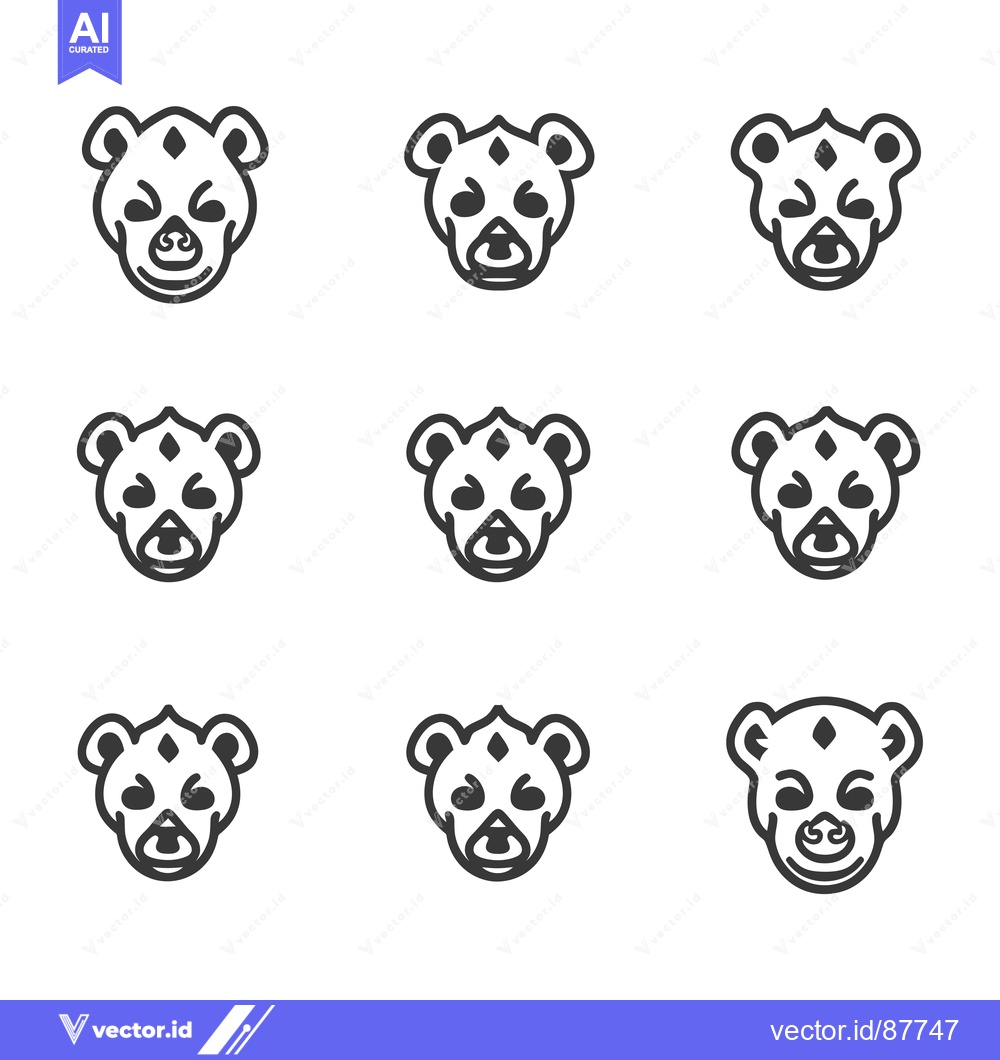 Premium Vector of Nine Black and White Line Drawings of a Bear's Face