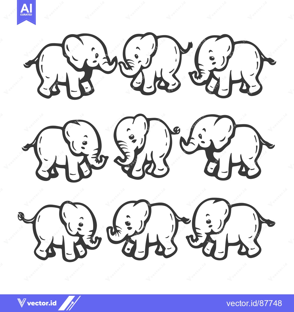 Premium Vector dari Nine Black and White Line Drawings of Adorable Elephants