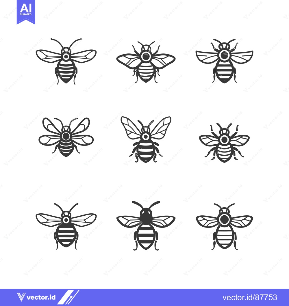 Premium Vector of Nine Black and White Line Drawings of Bees
