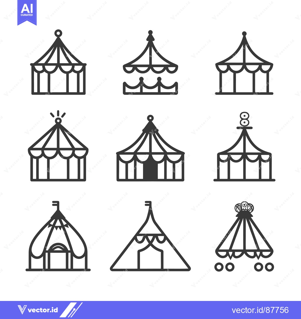 Premium Vector of Nine Black and White Line Drawings of Circus Tents
