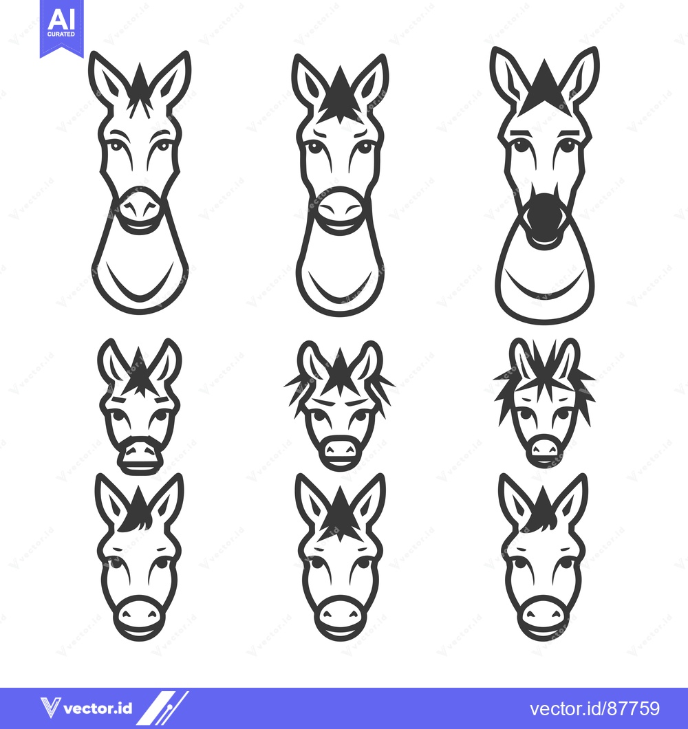 Premium Vector dari Nine Black and White Line Drawings of Donkey Faces