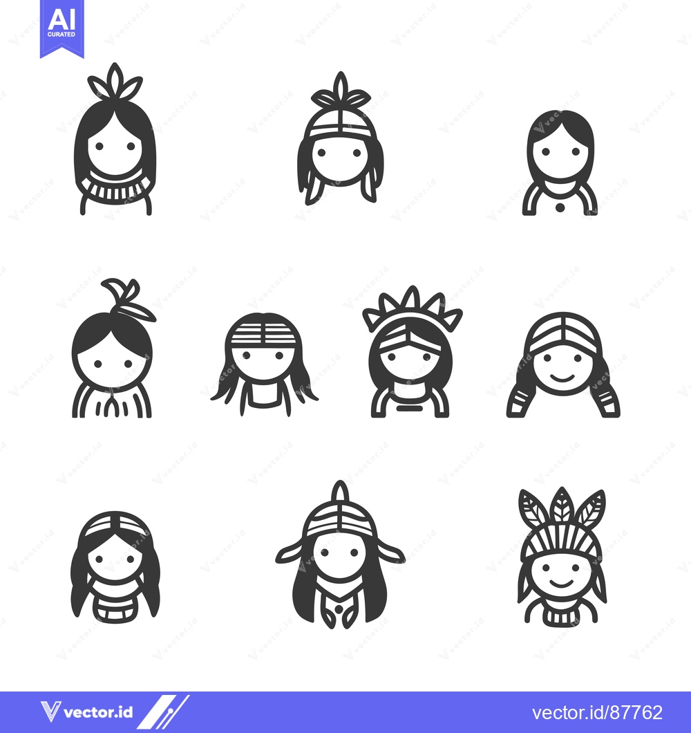 Premium Vector dari Nine Black and White Line Drawings of Indigenous People with Feathers