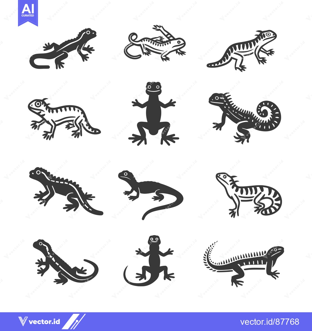 Premium Vector of Nine Black and White Lizard Silhouettes