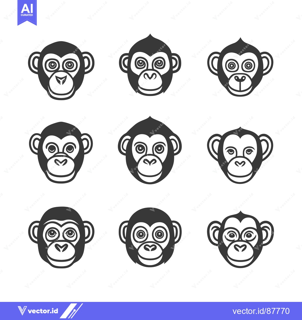 Premium Vector dari Nine Black and White Monkey Faces in a Grid