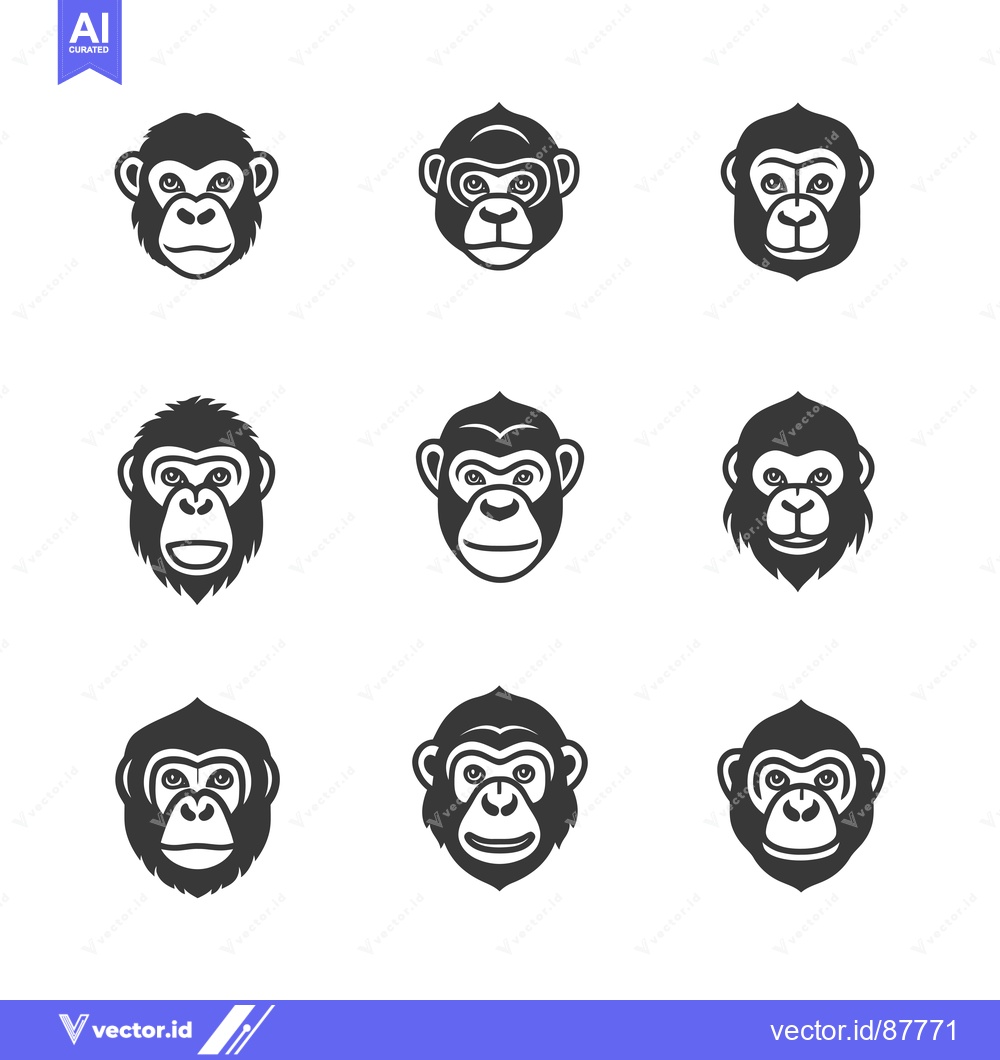 Premium Vector dari Nine Black and White Monkey Faces in a Grid Pattern