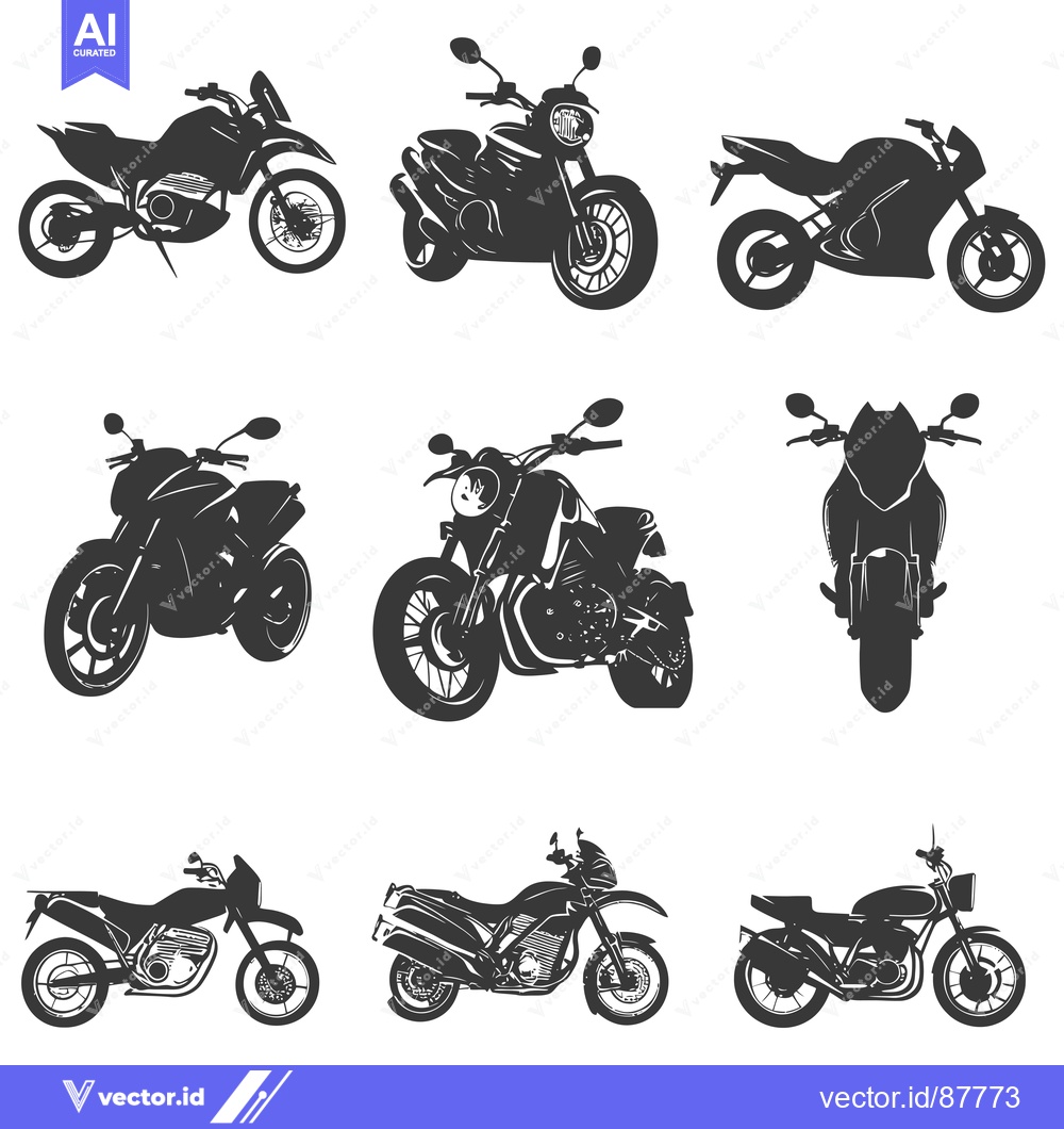 Premium Vector of Nine Black and White Motorcycle Silhouettes