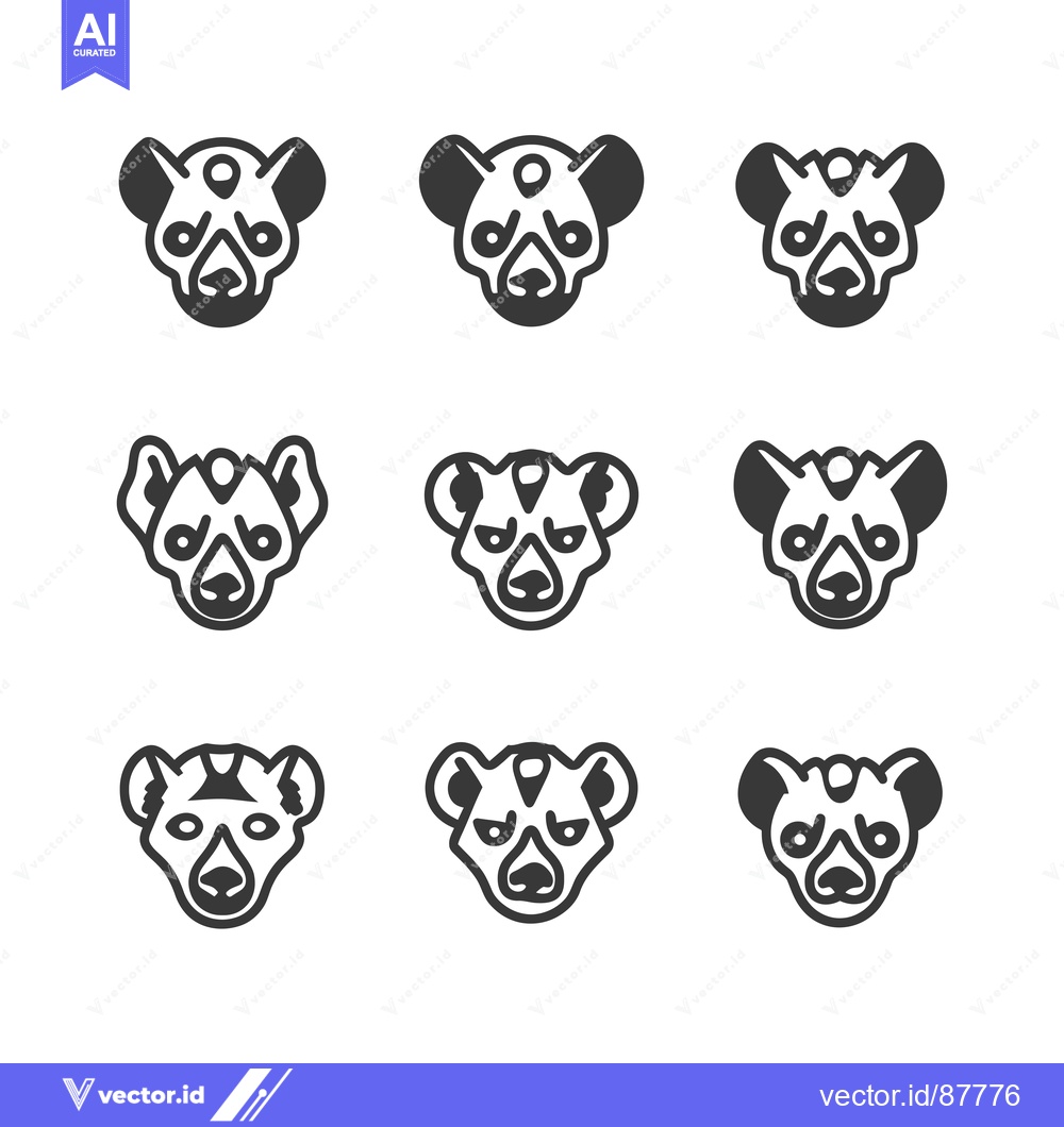 Premium Vector of Nine Black and White Outline Hyena Head Illustrations