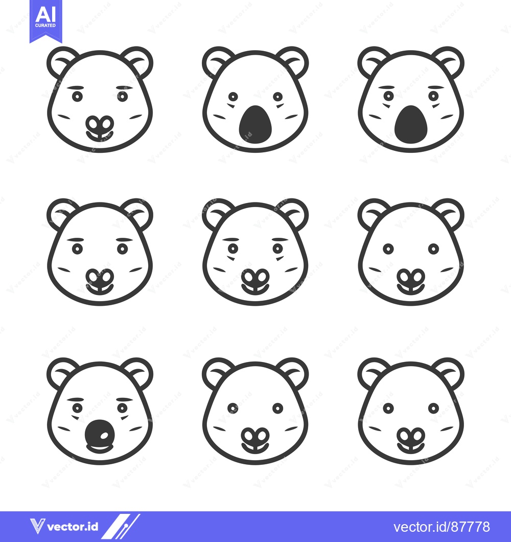 Premium Vector dari Nine Black and White Outline Koala Faces with Different Expressions