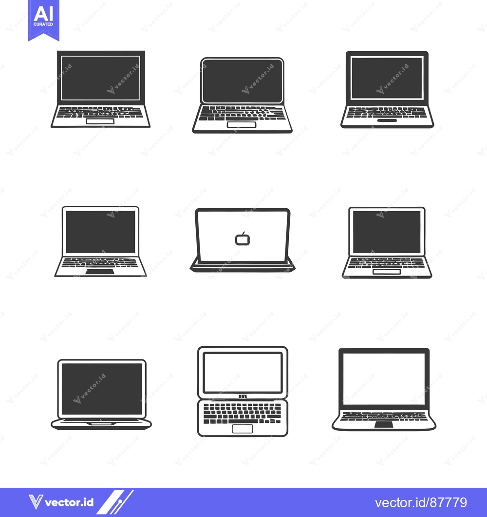 Premium Vector of Nine black and white outline laptop icons with blank screens