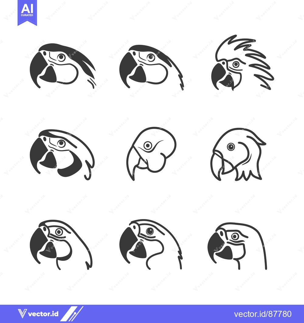 Premium Vector dari Nine Black and White Parrot Head Illustrations