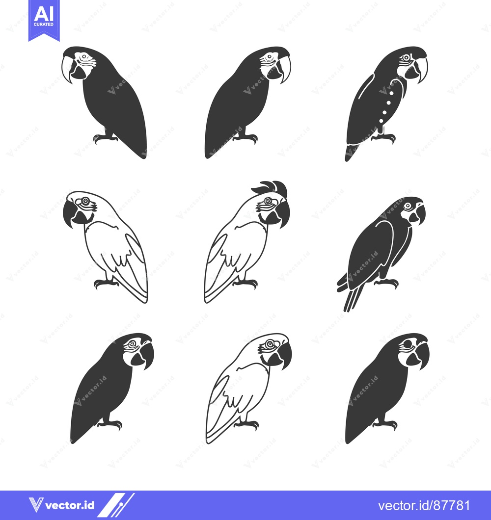 Premium Vector of Nine Black and White Parrot Silhouettes in Different Poses