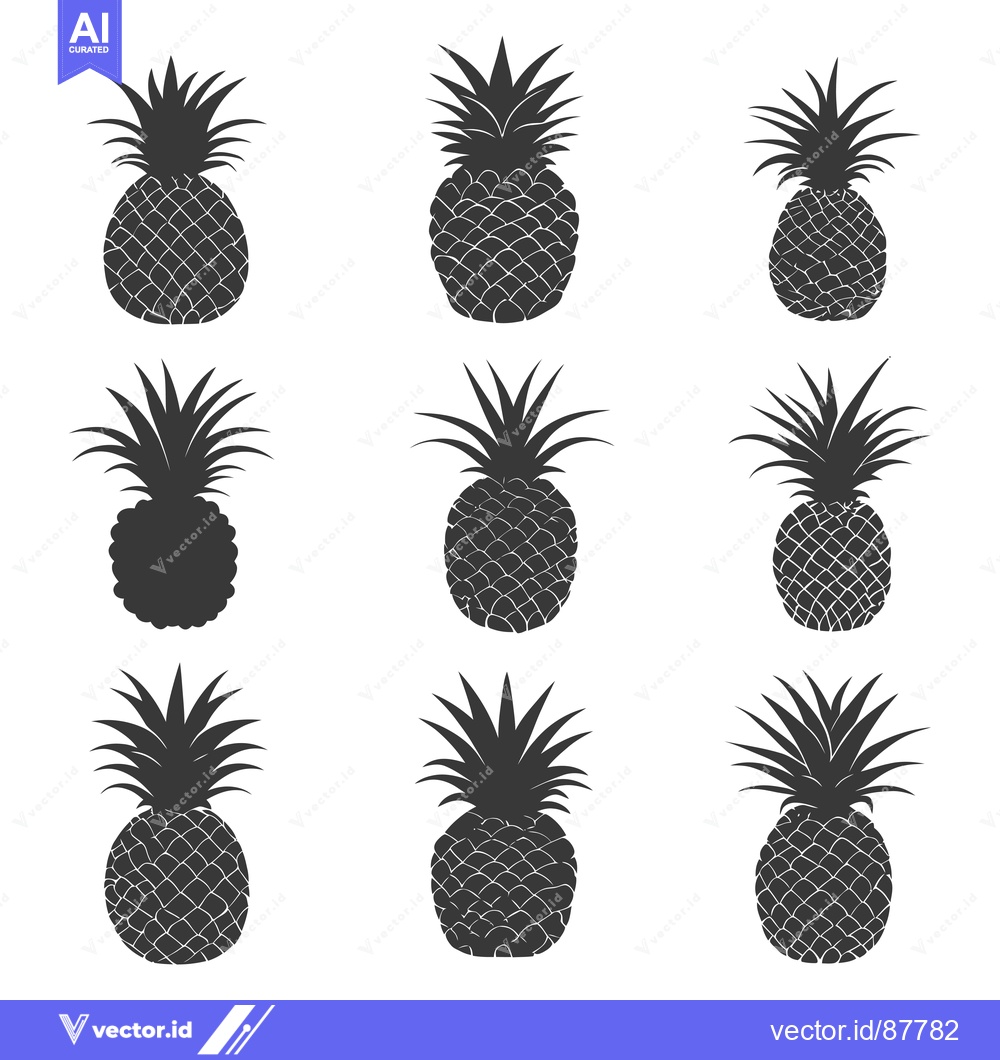Premium Vector of Nine Black and White Pineapple Silhouettes