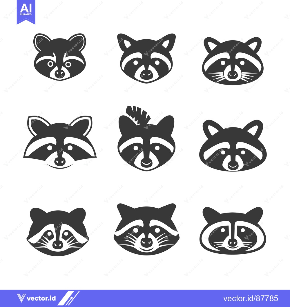 Premium Vector dari Nine Black and White Raccoon Face Illustrations