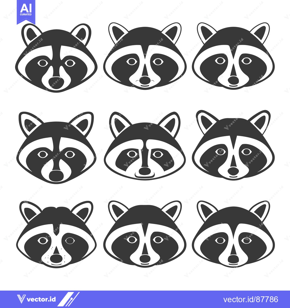 Premium Vector of Nine Black and White Raccoon Faces