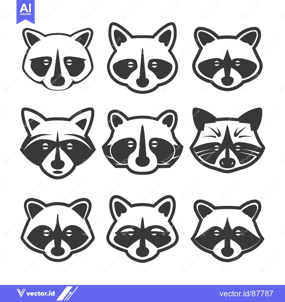 Premium Vector of Nine Black and White Raccoon Faces in a Grid