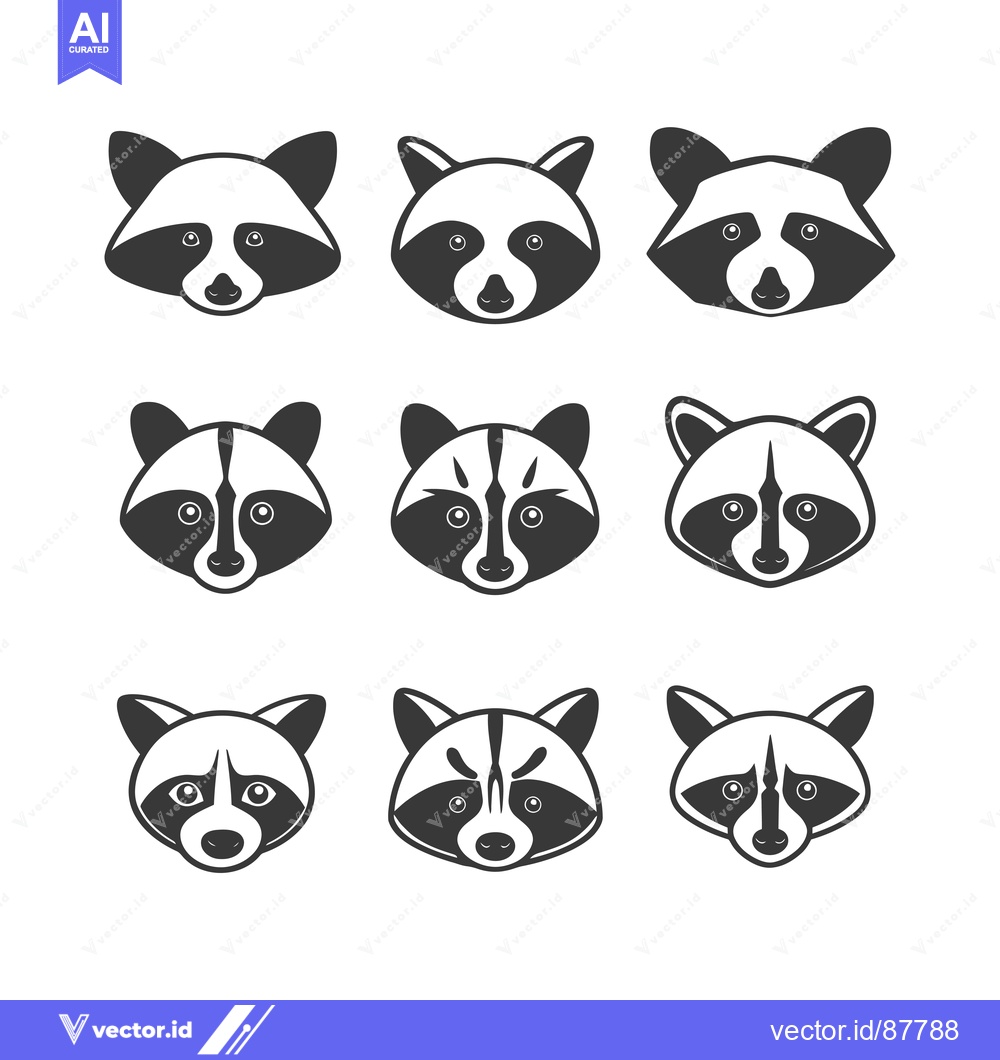 Premium Vector of Nine Black and White Raccoon Faces in Different Poses