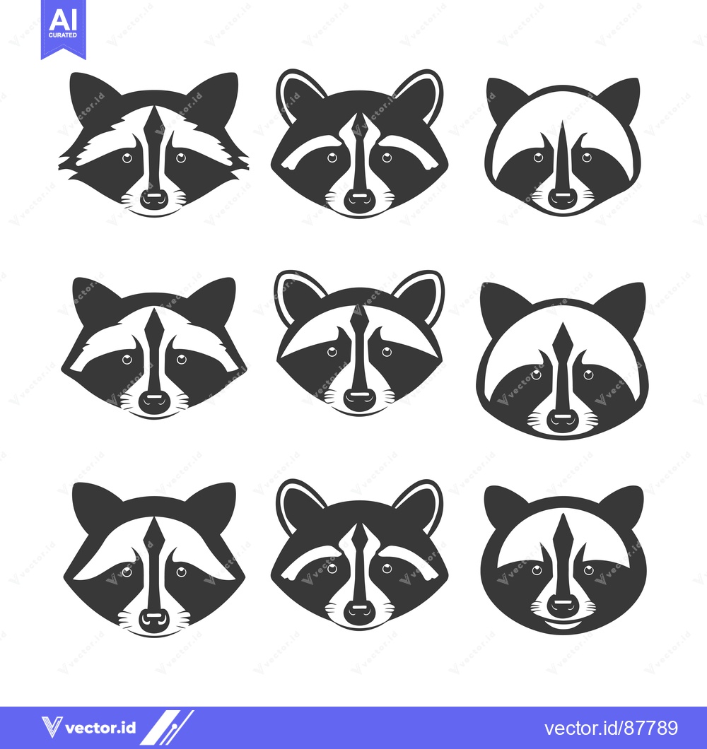 Premium Vector of Nine Black and White Raccoon Faces in Different Styles