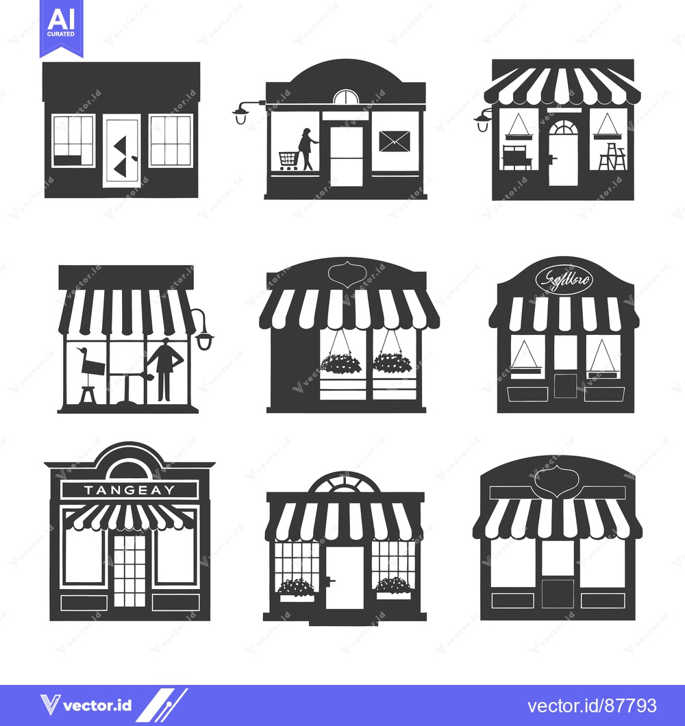 Premium Vector of Nine Black and White Silhouette Illustrations of Storefronts