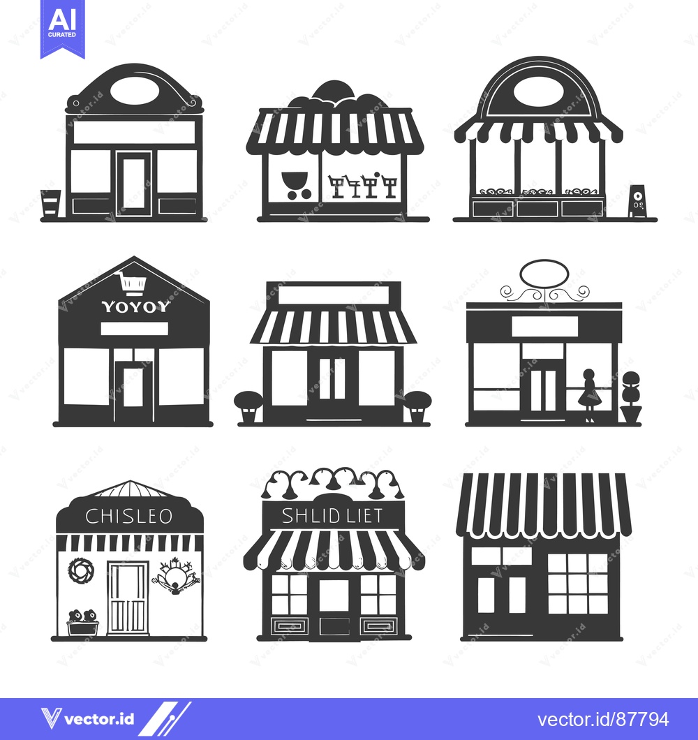 Premium Vector dari Nine Black and White Silhouette Illustrations of Storefronts