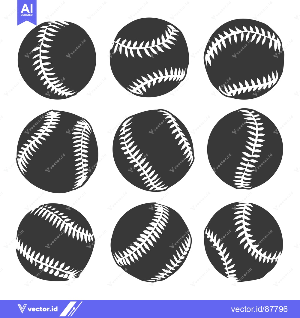 Premium Vector of Nine Black and White Silhouettes of Baseballs