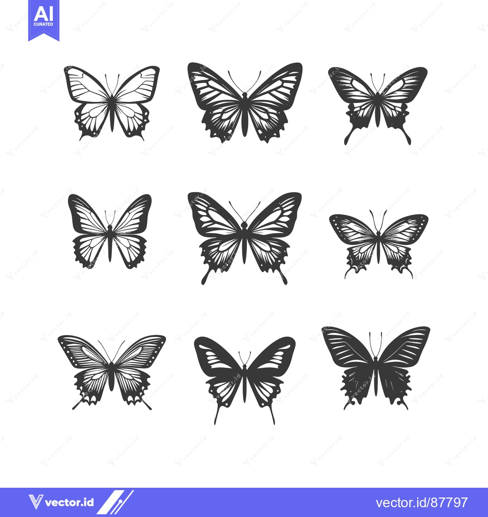 Premium Vector dari Nine Black and White Silhouettes of Butterflies