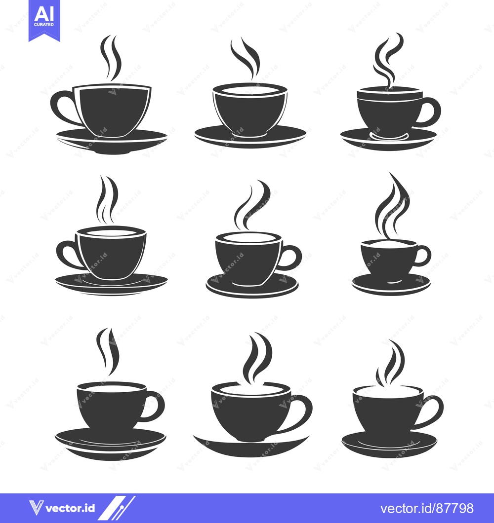Premium Vector of Nine Black and White Silhouettes of Coffee Cups with Steam