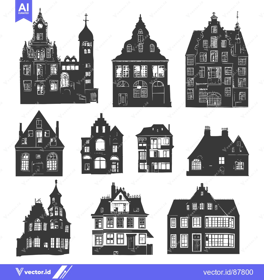 Premium Vector of Nine Black and White Silhouettes of European Style Houses