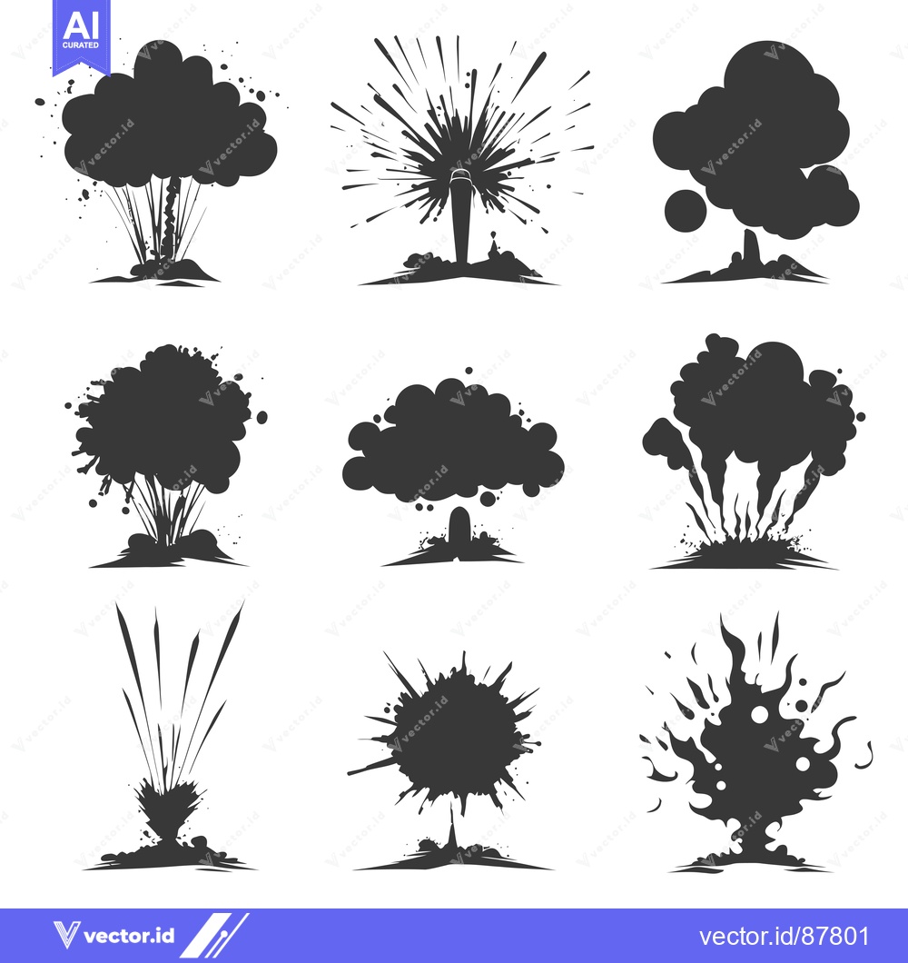 Premium Vector dari Nine Black and White Silhouettes of Explosions