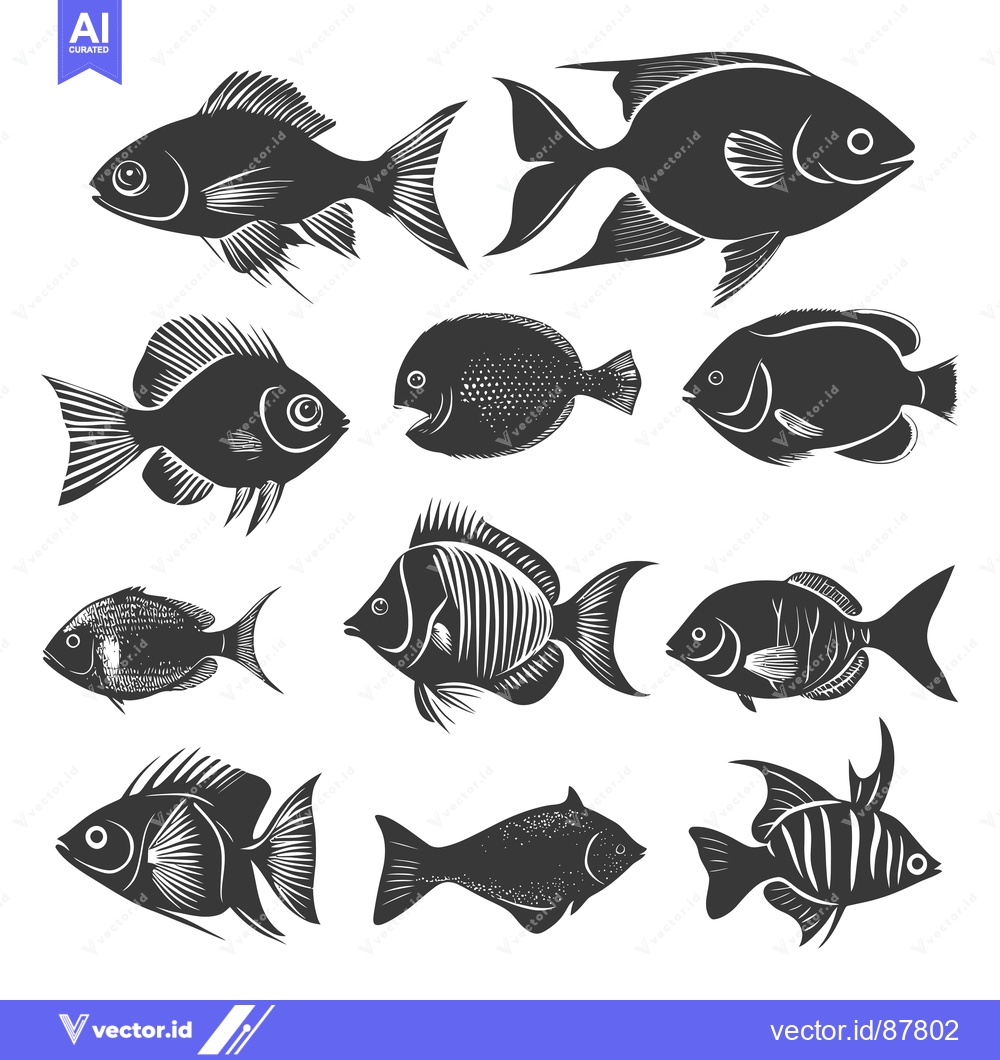 Premium Vector of Nine Black and White Silhouettes of Fish with Detailed Fin Patterns