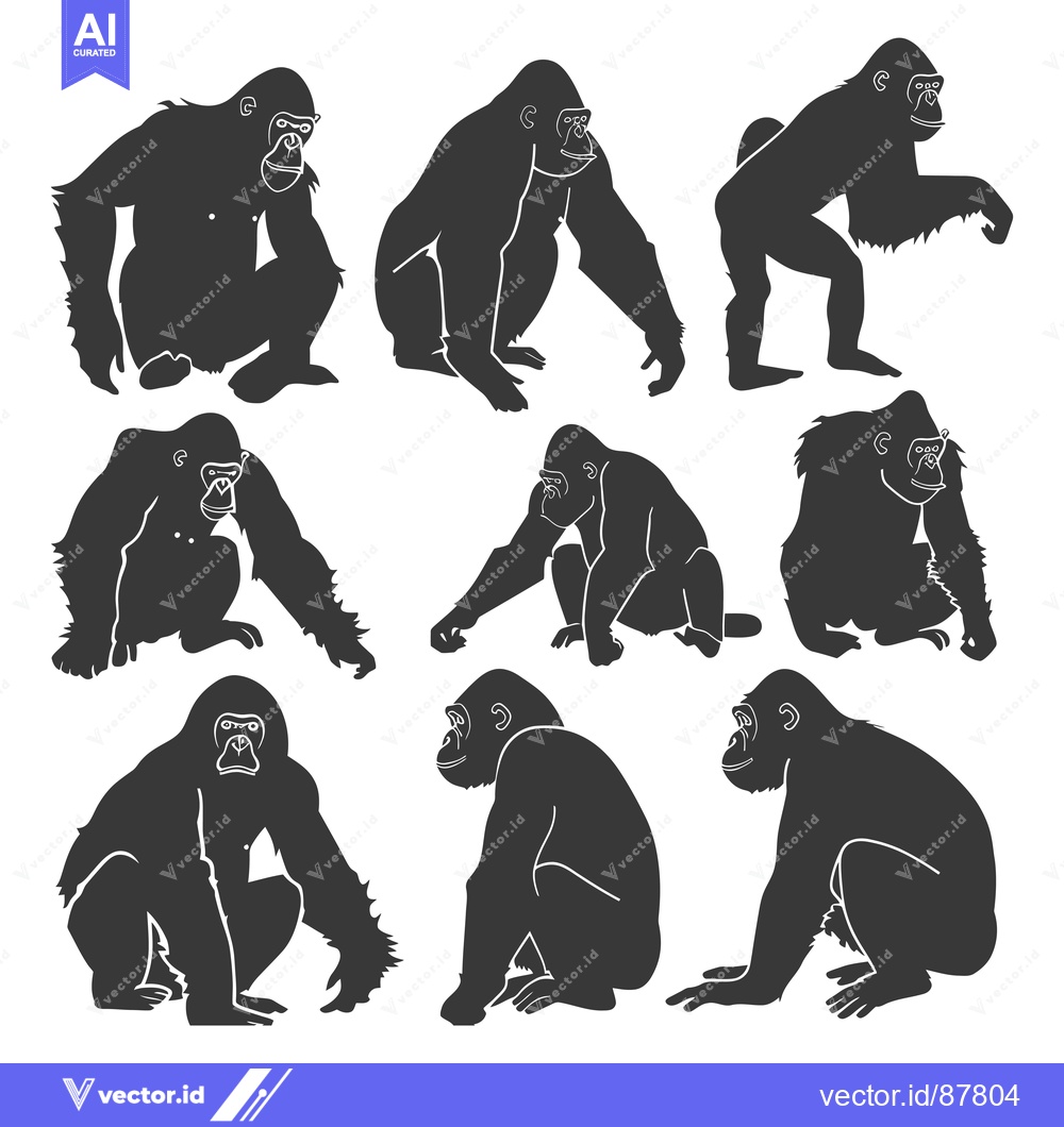 Premium Vector dari Nine Black and White Silhouettes of Gorillas in Various Poses