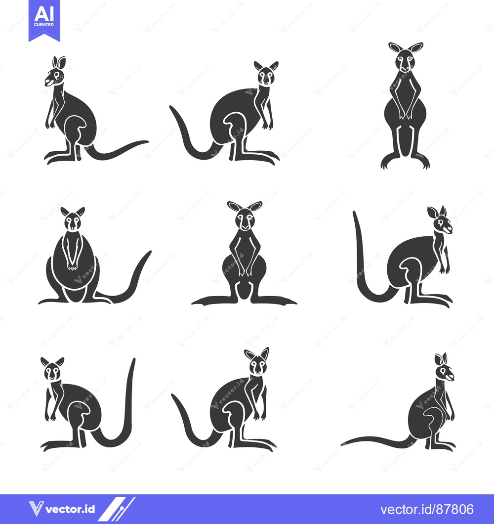 Premium Vector of Nine Black and White Silhouettes of Kangaroos in Different Poses