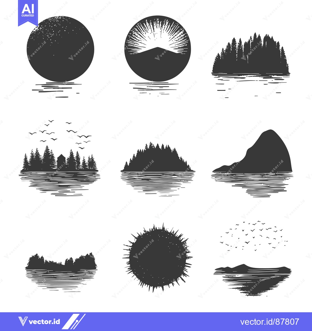 Premium Vector dari Nine Black and White Silhouettes of Landscapes