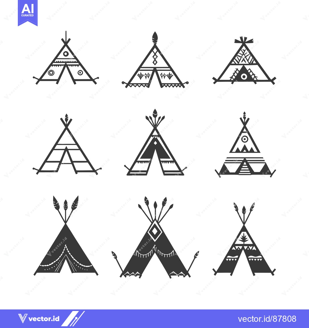 Premium Vector dari Nine Black and White  Silhouettes of Native American Teepees