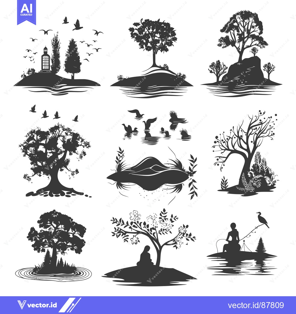 Premium Vector dari Nine Black and White Silhouettes of Nature Scenes