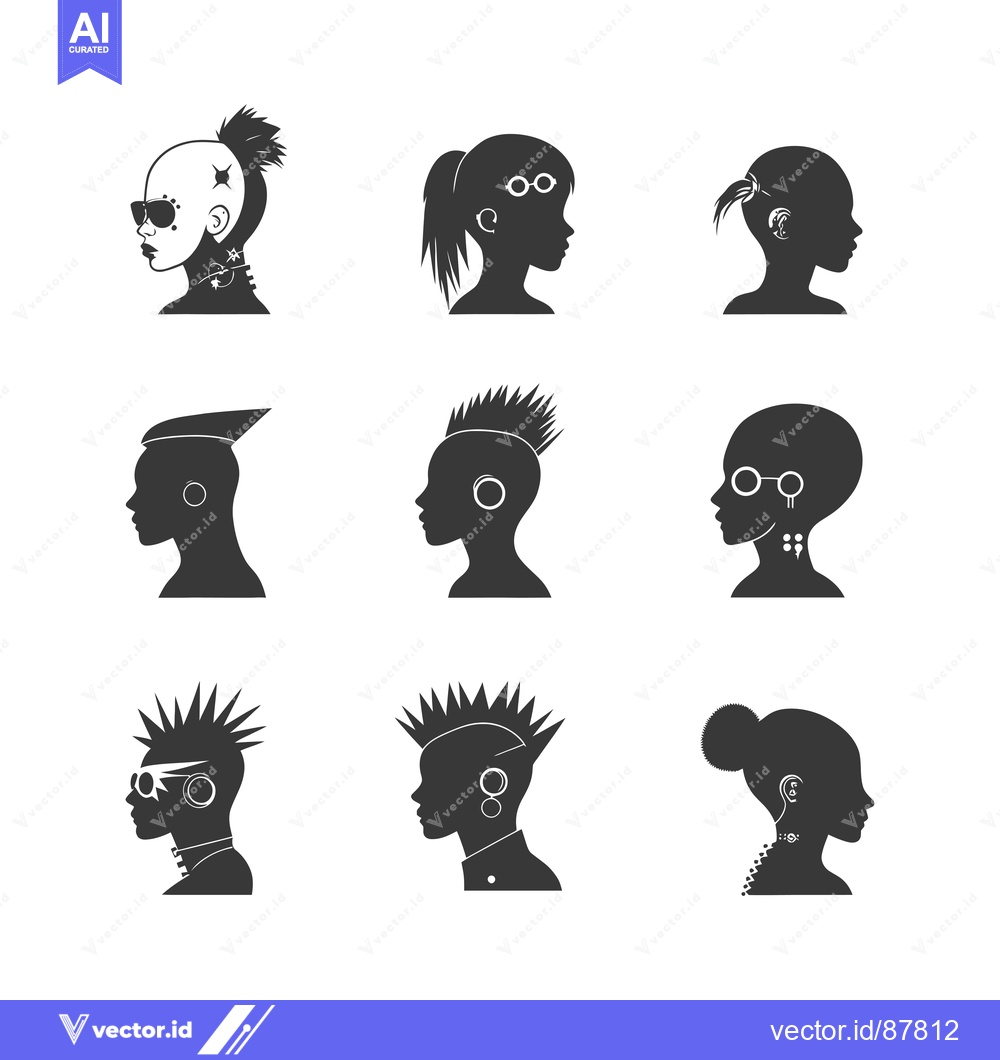 Premium Vector dari Nine Black and White Silhouettes of People with Unique Hairstyles and