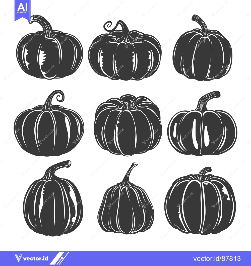 Premium Vector of Nine Black and White Silhouettes of Pumpkins