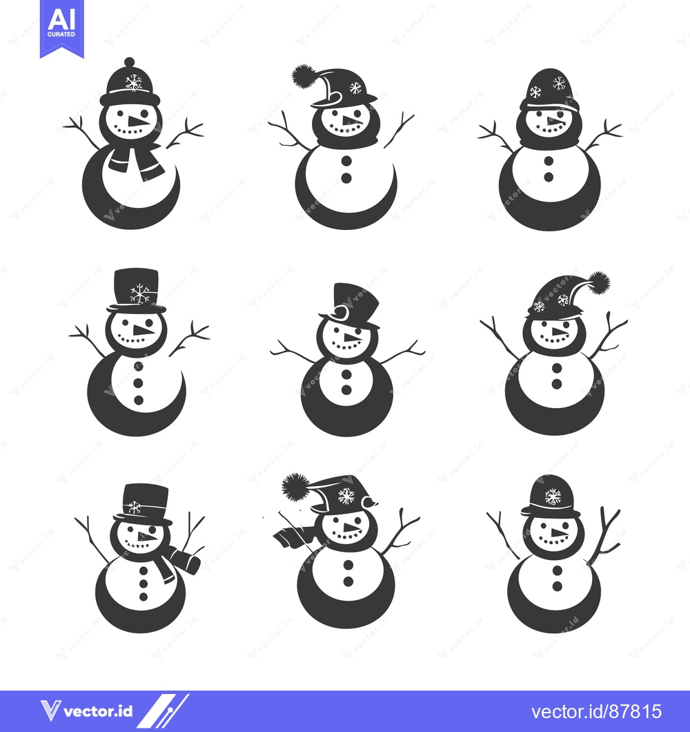 Premium Vector dari Nine Black and White Silhouettes of Smiling Snowmen