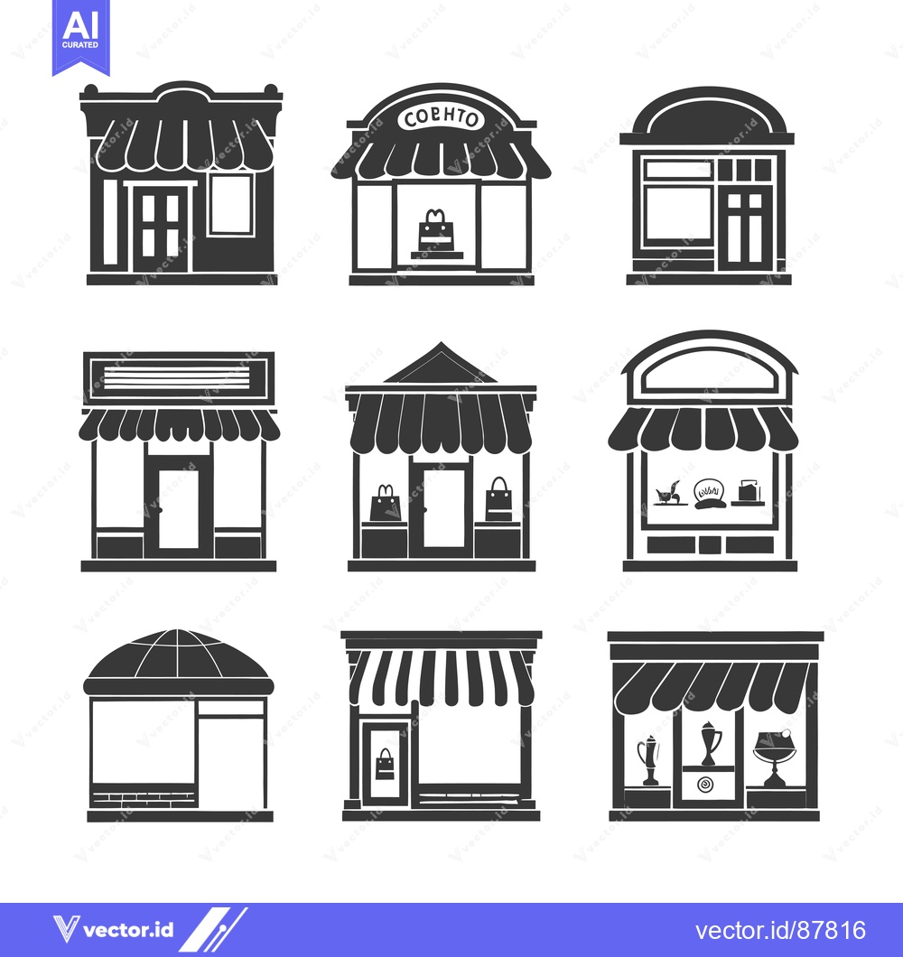 Premium Vector of Nine Black and White Silhouettes of Storefronts with Awnings