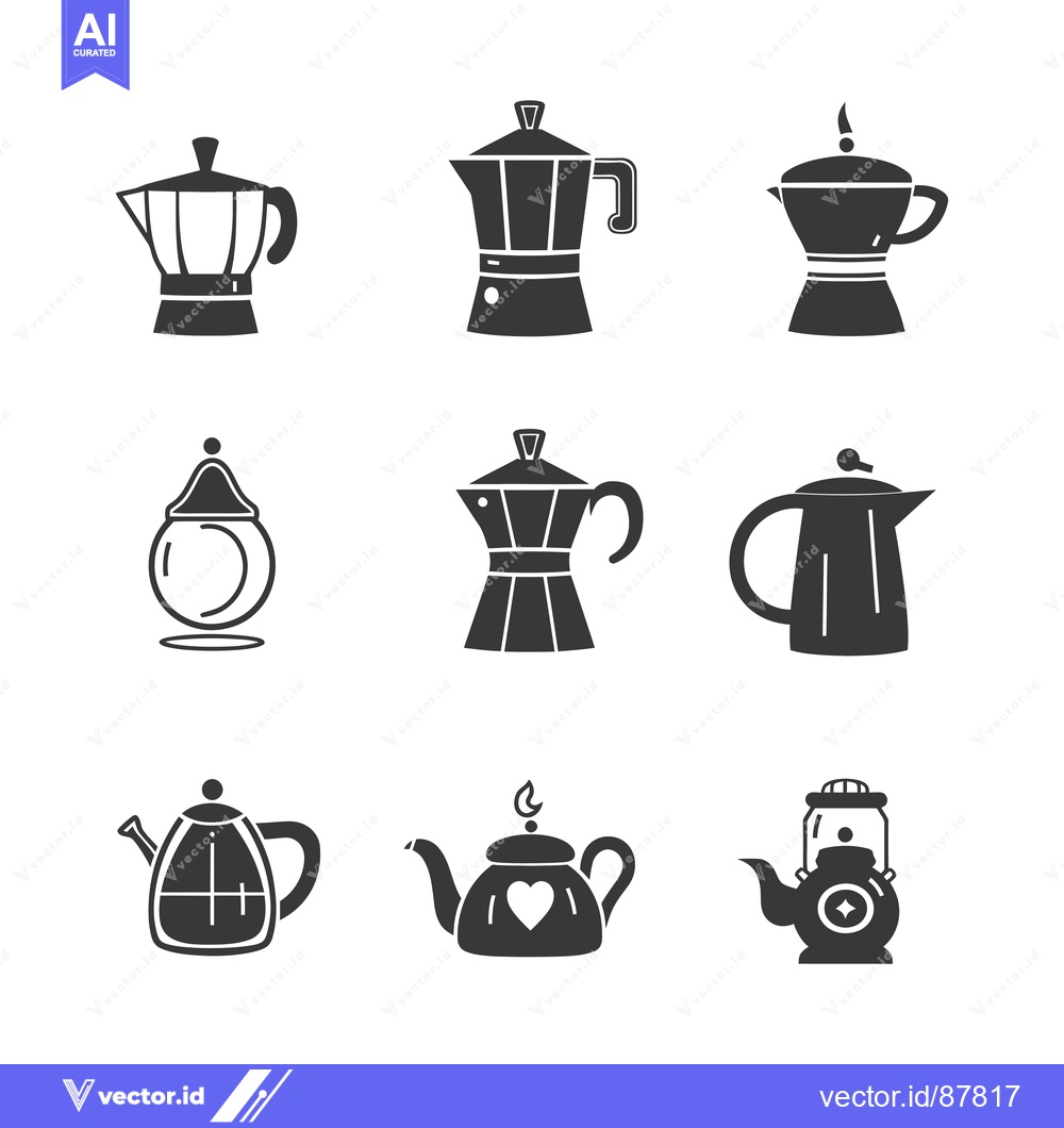 Premium Vector of Nine Black and White Silhouettes of Teapots and Coffee Pots